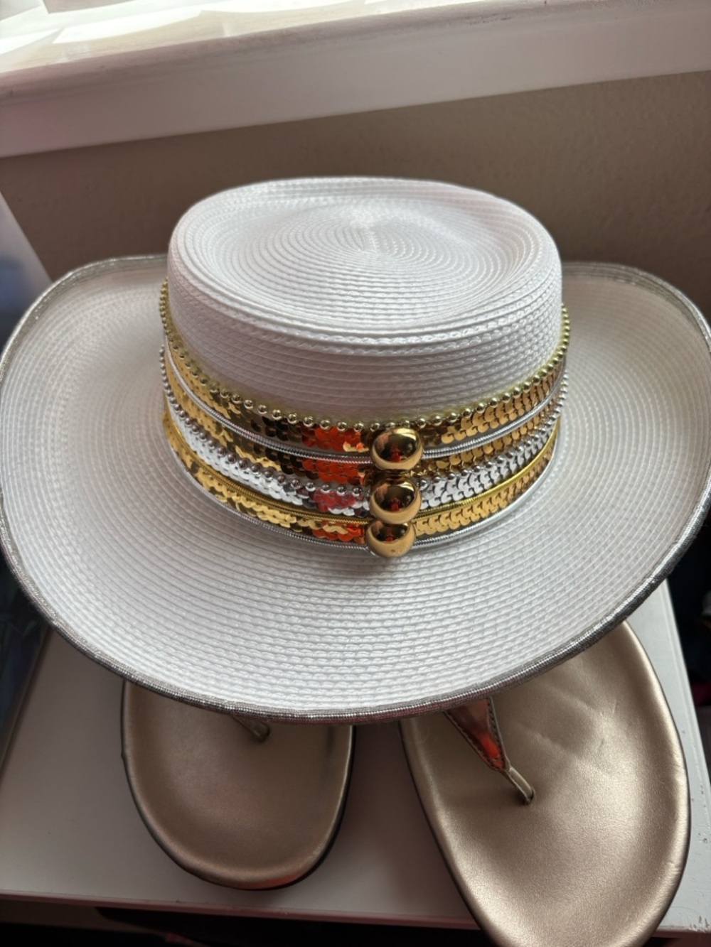 White Straw Boater Hat with Gold Trim